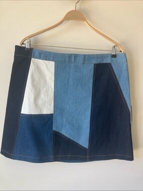 ELOQUII Patchwork Denim Mini Skirt Blue + White Contemporary Size 18 NWT